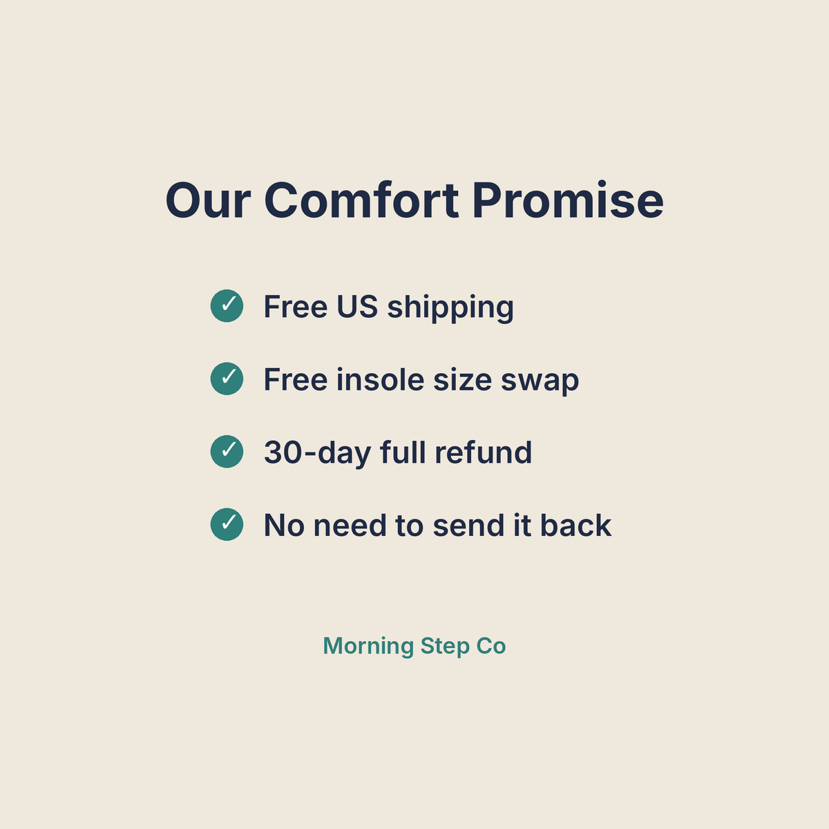 Our Comfort Promise: free US shipping, free size swap, 30-day refund