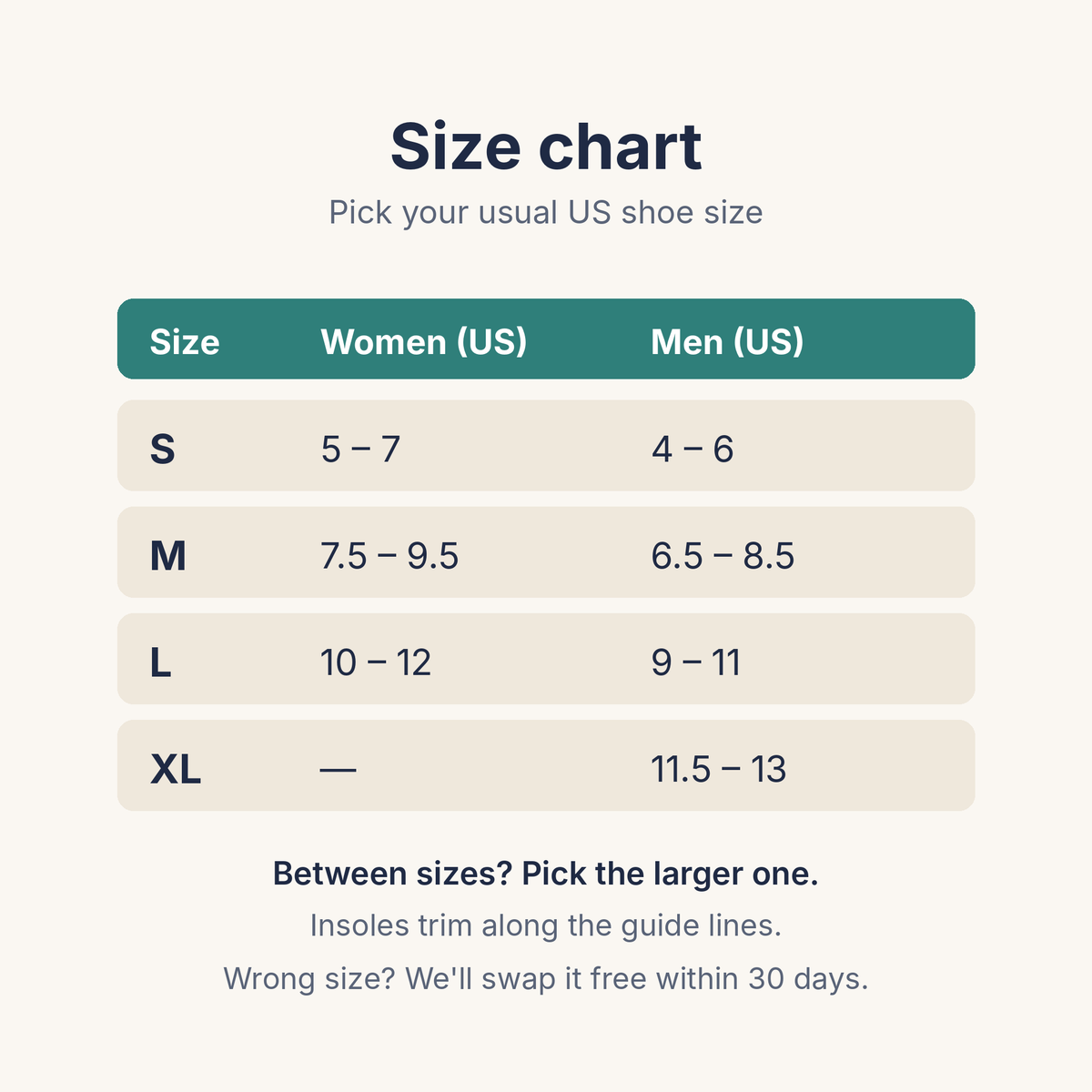 Size chart S to XL in US shoe sizes